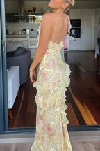 Spaghetti Strap Backless Ruffle Trim Printed Maxi Dress
