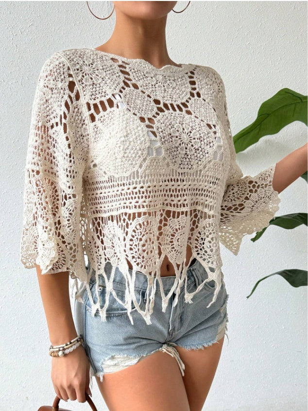 Crocheted Openwork Knit See-through Top, Solid Color Beach Bikini Cover-up