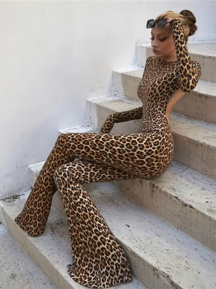 Leopard Print Big Backless Slim-fit Hip-hugging Stretch Jumpsuits