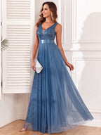 V-neck Embroidery Sequins Elegant Gauze Formal Dress Maxi Dresses