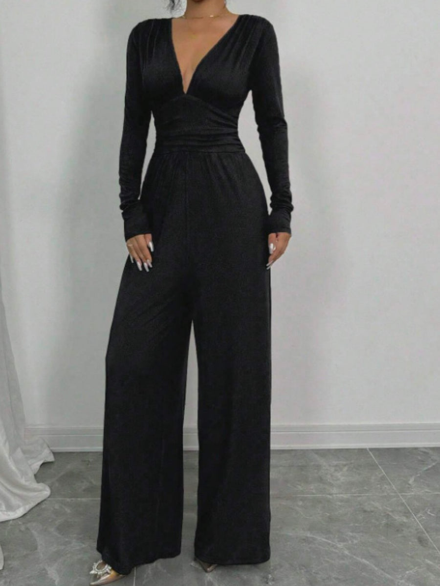 Deep V Solid Color Ribbed Sexy Slim Waist Elegant Jumpsuit