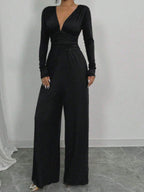 Deep V Solid Color Ribbed Sexy Slim Waist Elegant Jumpsuit