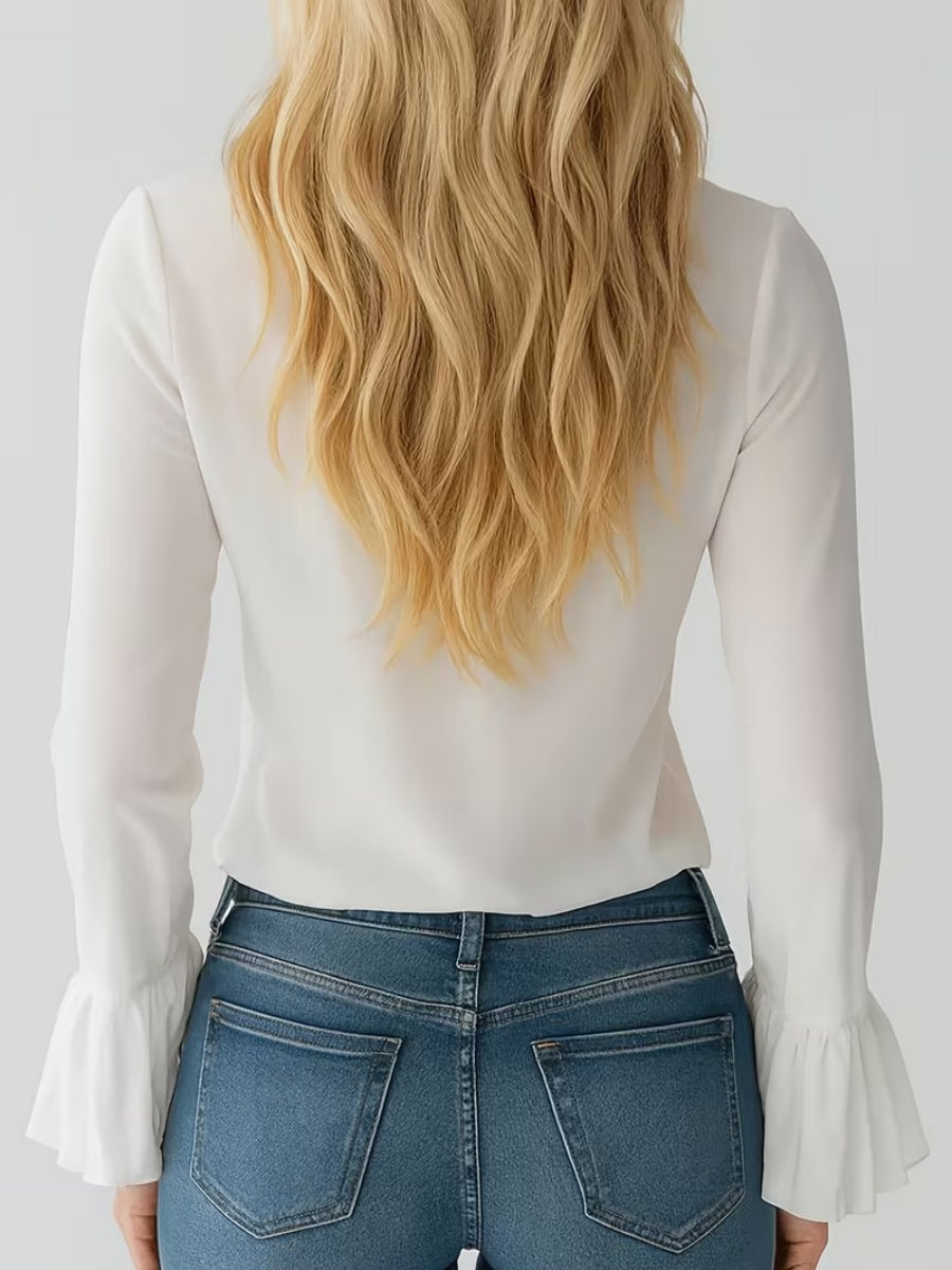 V-neck French Ruffle Puff Sleeve Chiffon Blouse