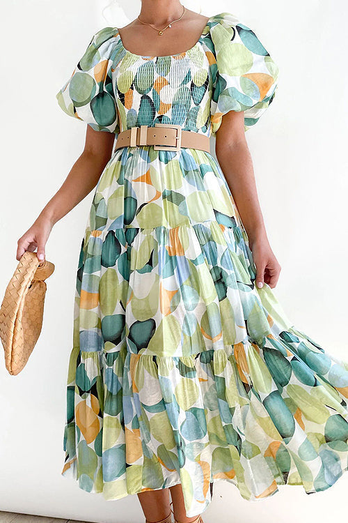 Off Shoulder Smocked Tiered Abstract Circle Print Maxi Dress