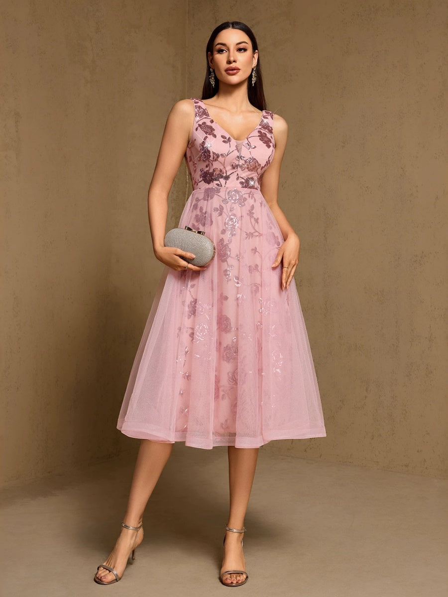 Embroidery Sequins Mesh Sweet Reunion Midi Dresses