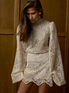Lantern Sleeve High Neck Lace Two-piece Set
