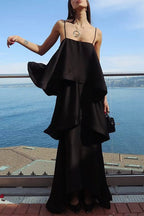 Adjustable Strap Ruffle Layered Satin Maxi Dress
