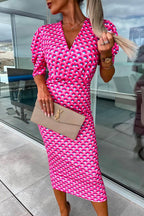 Wrap V Neck Puff Sleeves Printed Midi Bodycon Dress