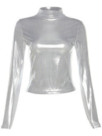 Half Turtleneck Patent Leather Metallic Color Long Sleeve Tight Fit T-shirts