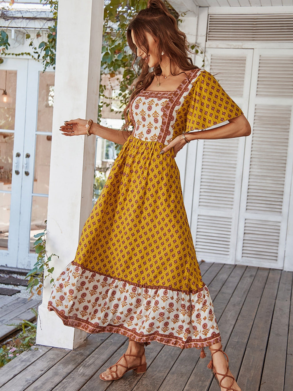 Printed Color-blocked Square Neck Short Sleeve Maxi Dresses