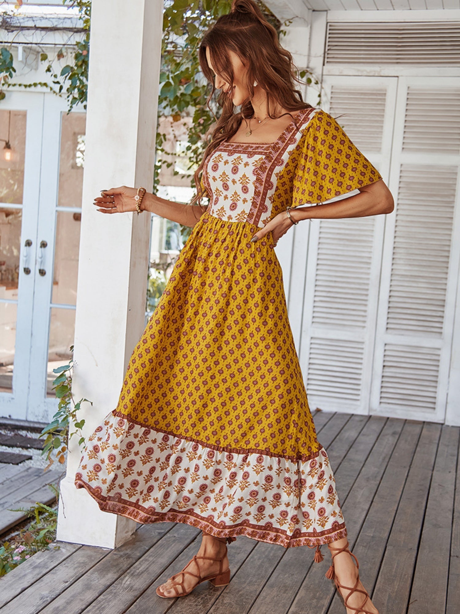 Printed Color-blocked Square Neck Short Sleeve Maxi Dresses
