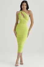 One Shoulder Cut Out Corset Bodice Ruched Gathered Mesh Midi Dress