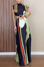 Mockneck Sleeveless Cut Out Waist Printed Maxi Dress