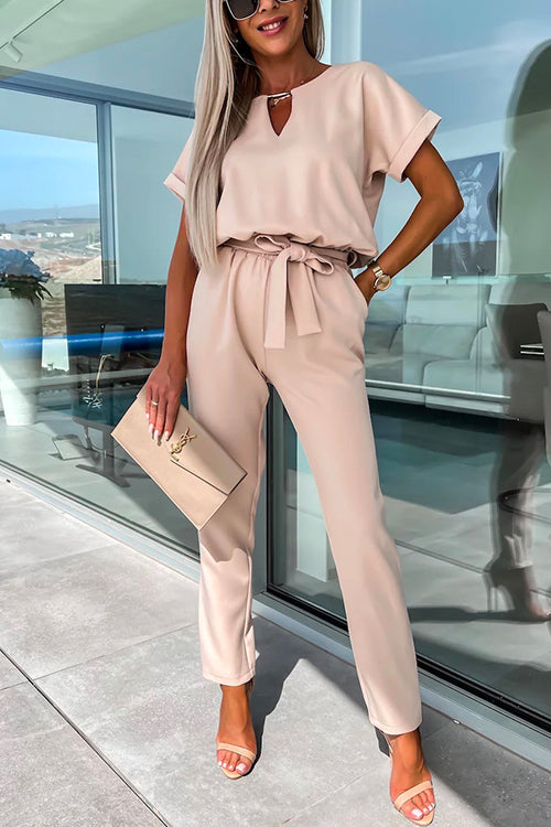 V Neck Rolled Sleeve Pullover Knot Waist Tapered Pants Set