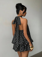 Halter Backless Lace Up Bud Polka Dots Mini&Short Dresses