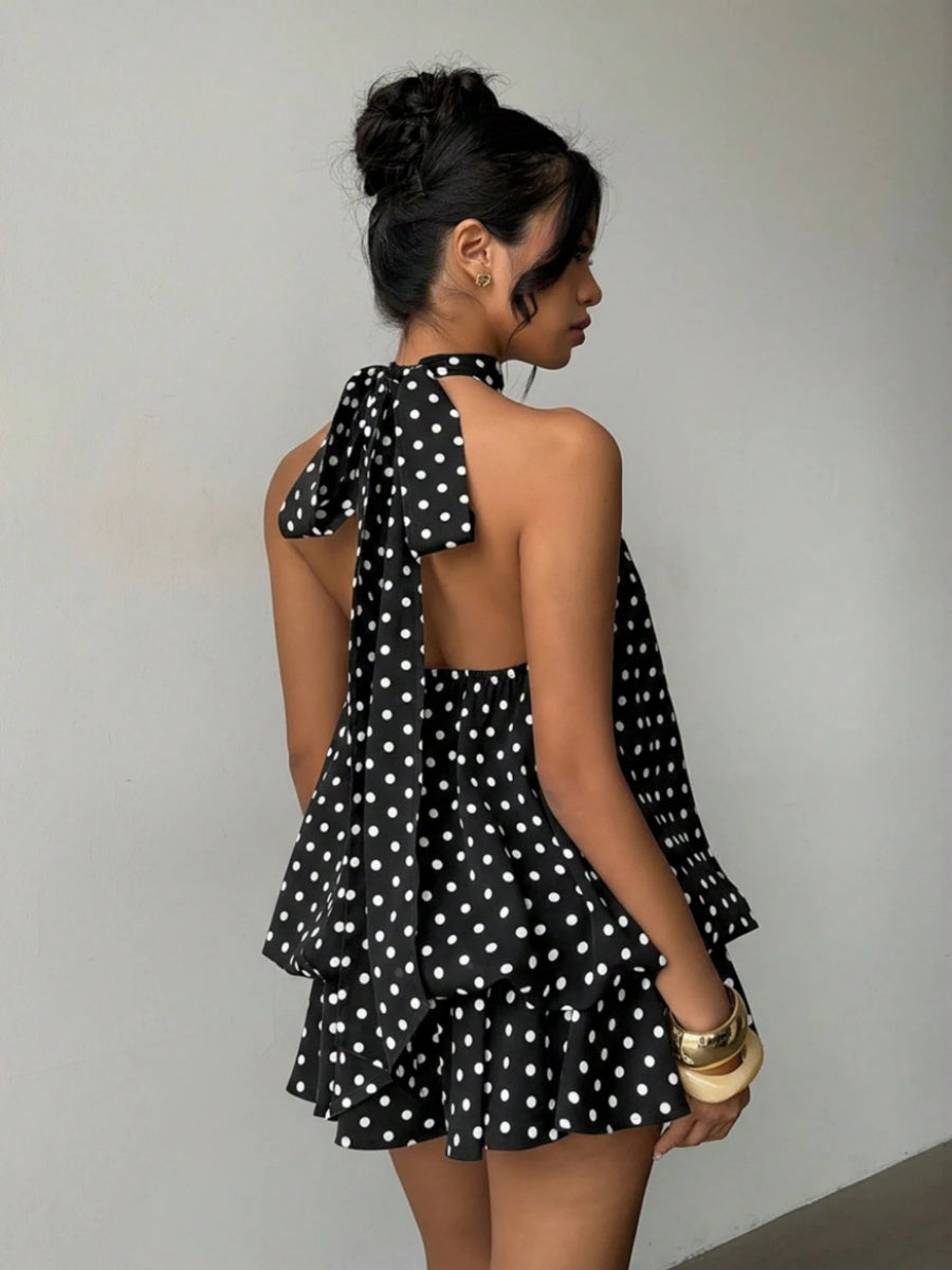 Halter Backless Lace Up Bud Polka Dots Mini&Short Dresses