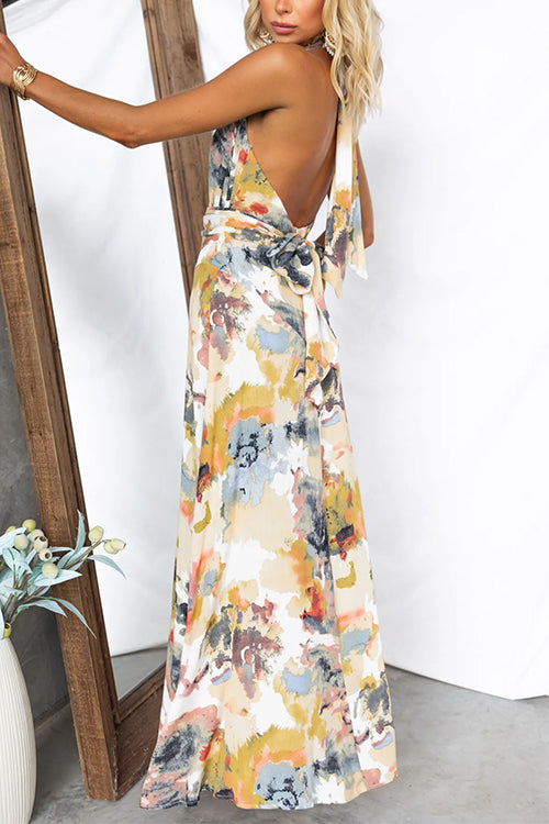 Halter V Neck Backless Printed Maxi Vacation Dress