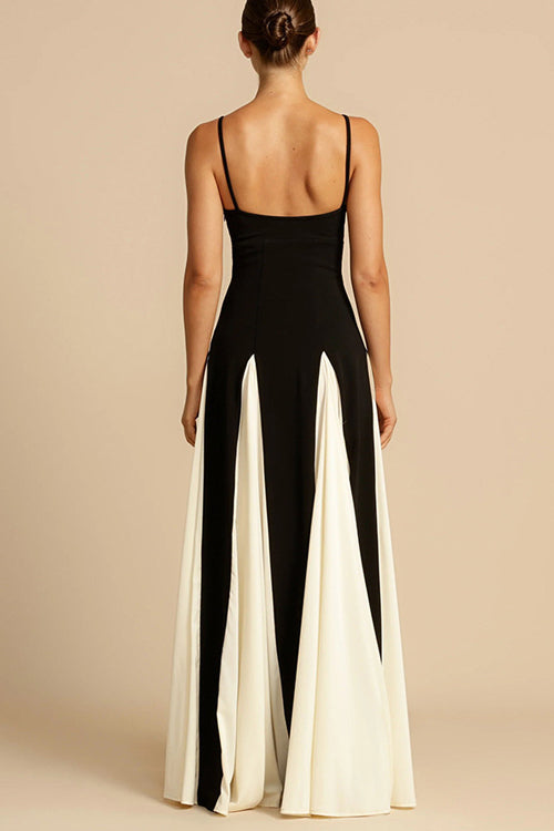 Spaghetti Strap Sweetheart Corset Bodice Pleated Godet Panel Maxi Dress