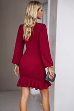 Crew Neck Bishop Sleeve Ruched Wrap Ruffle Hem Mini Dress