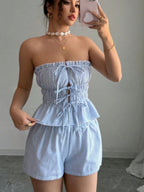 Strapless Striped Ruffled Crop Top And Elastic Waist Shorts Two-piece Set