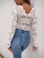 Openwork Lace V-neck Long-sleeved Inner Layer Tight Bodysuits