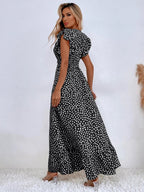 Floral Lotus Leaf Sleeves V-neck Vacation And Leisure Maxi Dresses