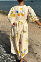 V Neck Button Down Tropic Print Sun-kissed Maxi Holiday Dress