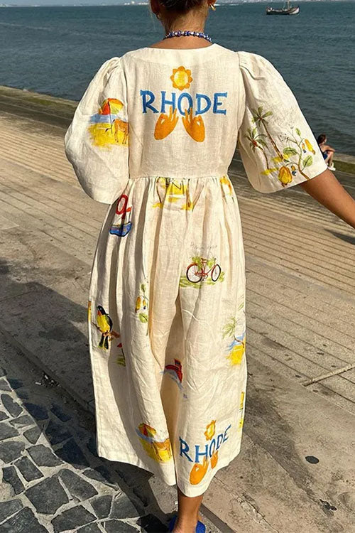 V Neck Button Down Tropic Print Sun-kissed Maxi Holiday Dress