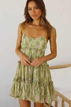 Floral Print Tie Shoulder Square Neck Tiered Ruffle Mini Dress