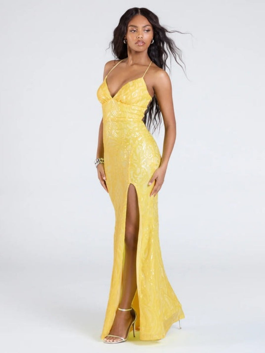 Sequins V-neck Opening Bandage Party Long Dress