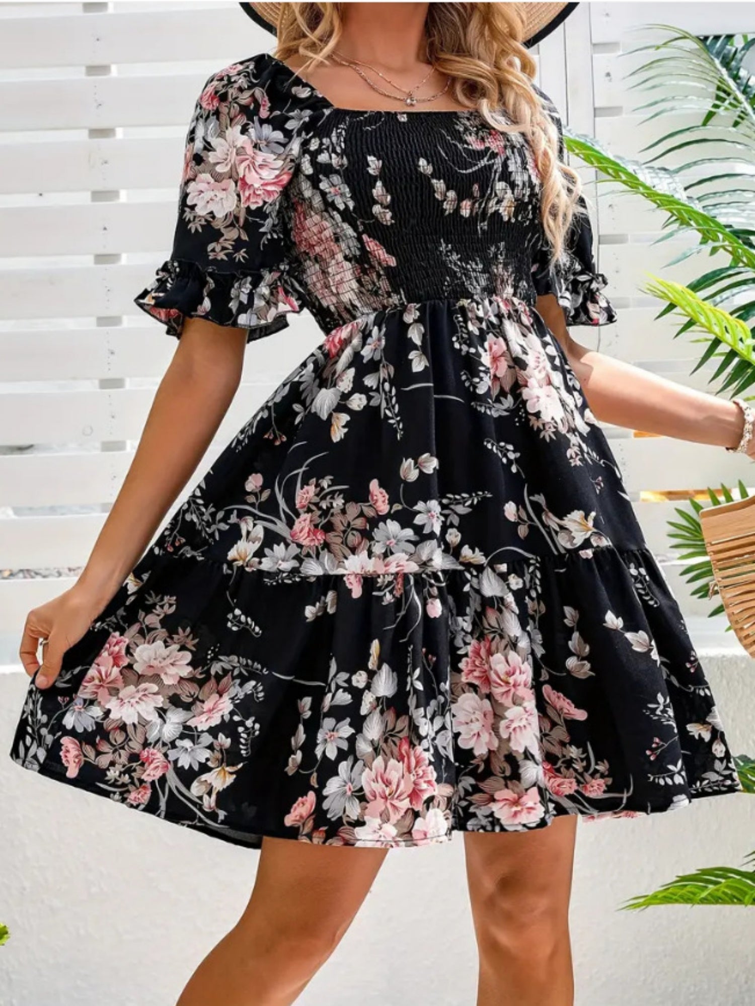 Printed Pleated Square Neck Short Sleeve Mini&Short Dresses