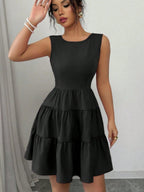 A-line Solid Color Backless Sleeveless Short Dress With A Cinched Waist And Bow
