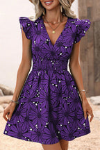 Large Floral Print Wrap V-Neck Flutter Sleeve Smocked Waist Flared Mini Dress