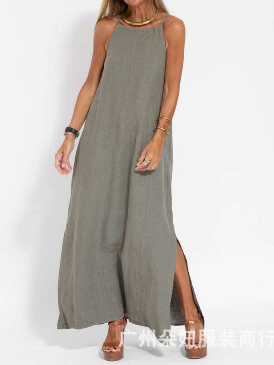 Cotton Linen Slit Spaghetti Strap Long Dress