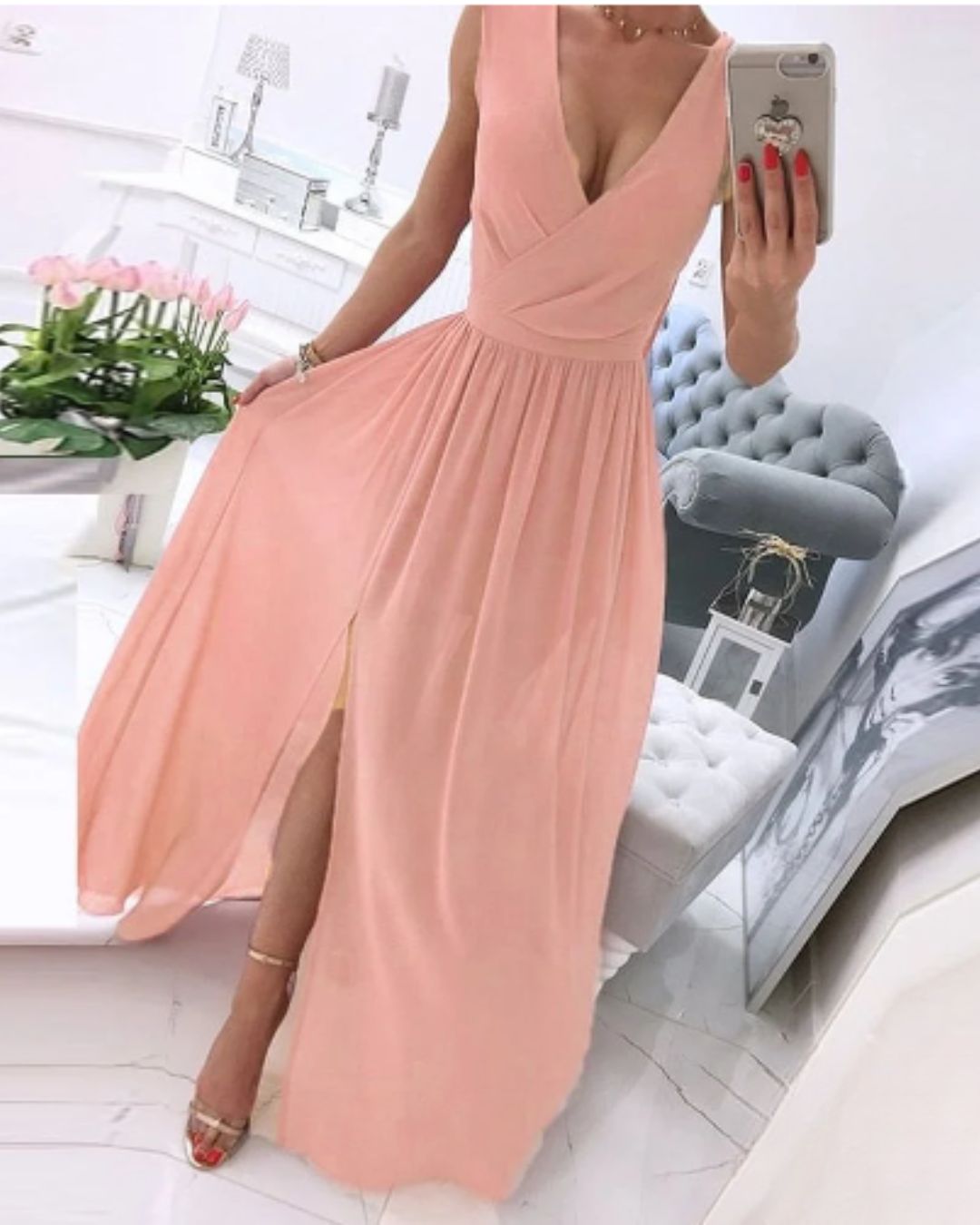 | Sleeveless Beach Dress in Deep V-Neck