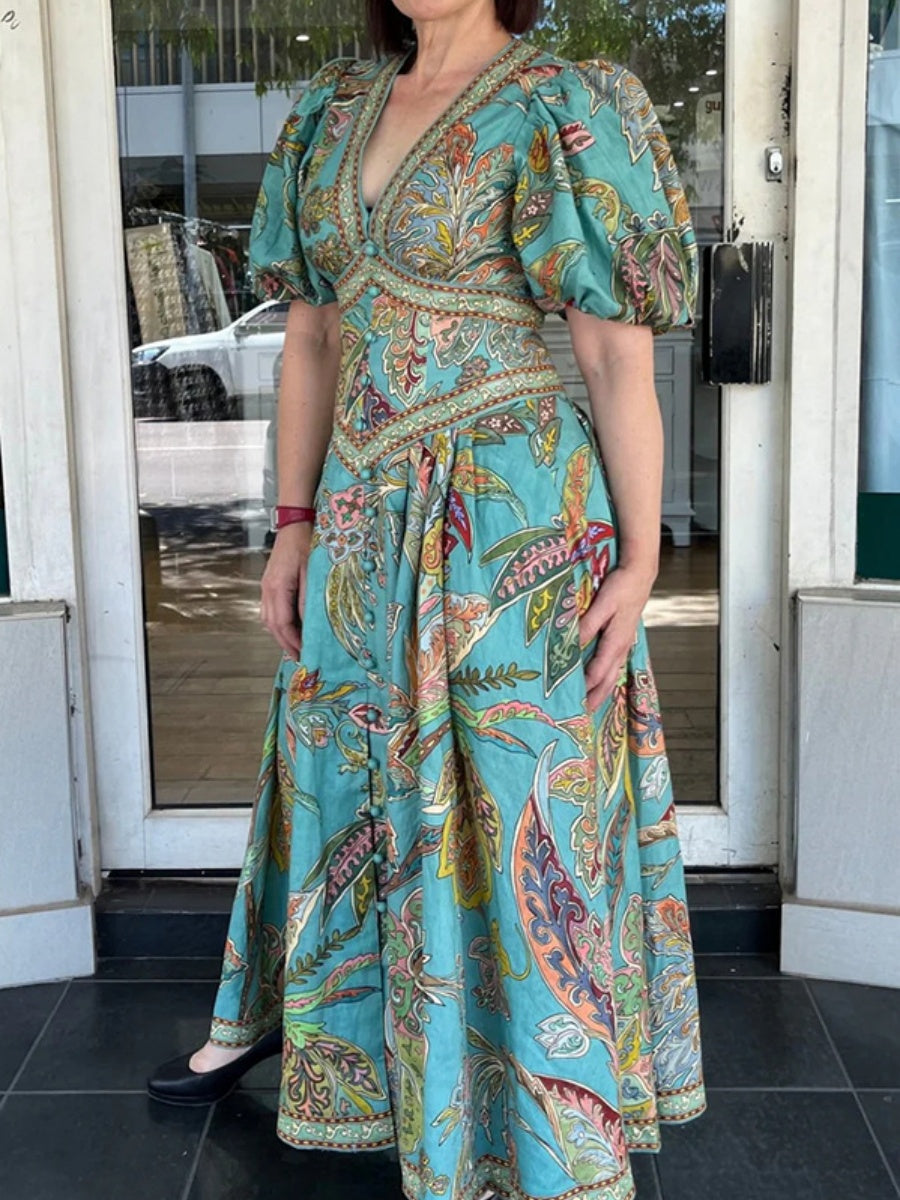 Printed Balloon Sleeve V-neck Temperament Waist Maxi Dresses