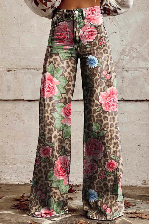 Leopard Floral Print Wide Leg Pocketed Pants