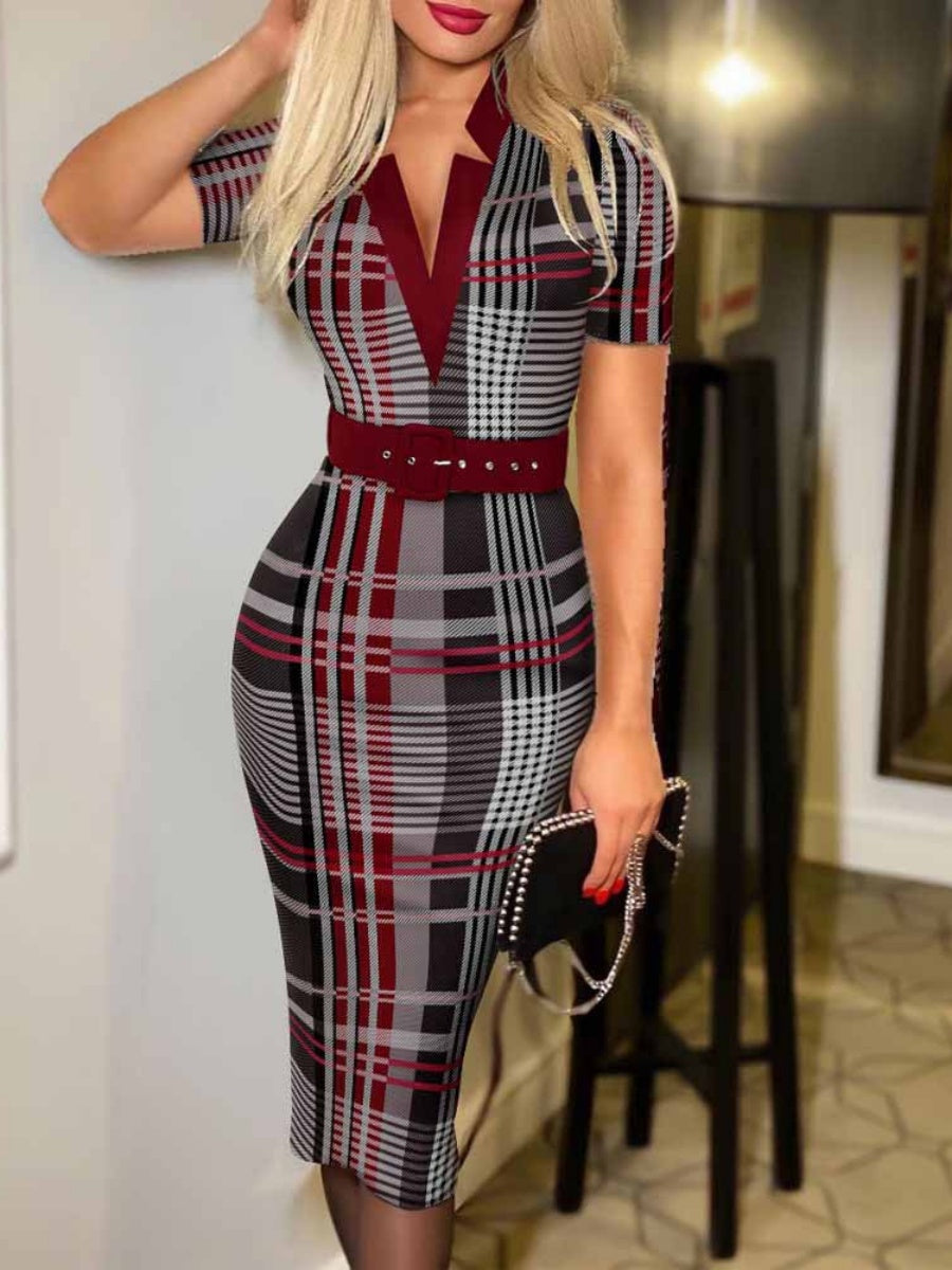 V-neck Hip-hugging Belts Plaid Midi Dresses