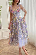 Bow Shoulder Flower Embroidery Swing Midi Cami Dress
