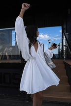 Crinkle Texture Deep V-Neck Puff Sleeve Babydoll Mini Dress