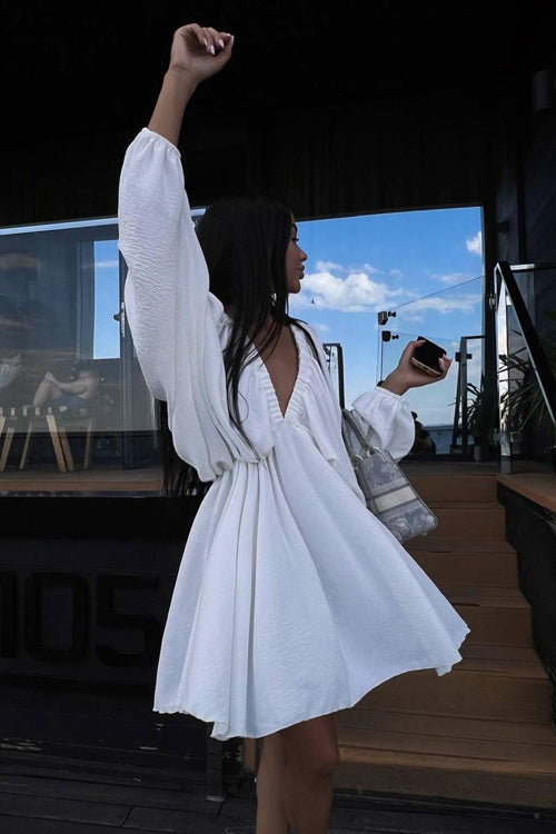 Crinkle Texture Deep V-Neck Puff Sleeve Babydoll Mini Dress