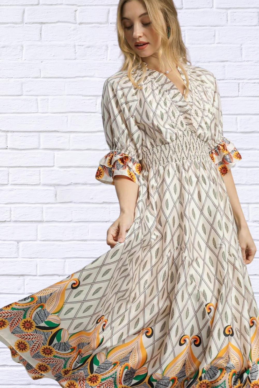 Bohemian Geometric Floral Midi Dress _ Artfully Feminine & Effortlessly Chic
