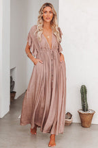 Plunging V-Neck Flutter Sleeve Tie Front Button Pocket Maxi Dress