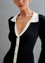 Polo Collar Contrast Trim Button Front Ruffle Hem Knit Mini Dress