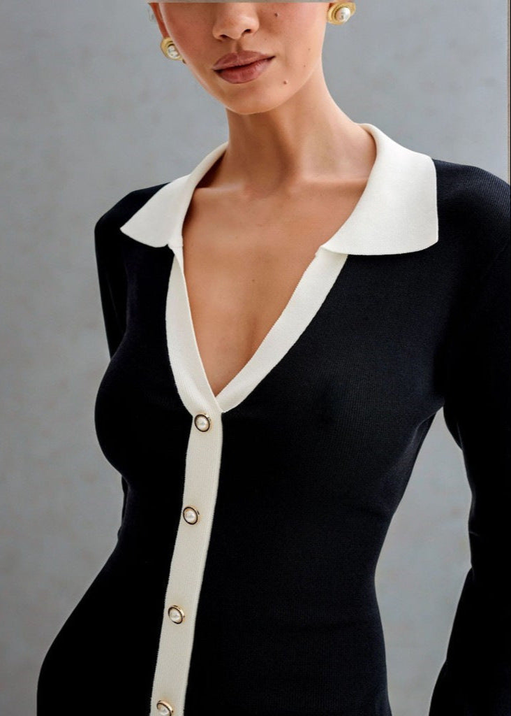 Polo Collar Contrast Trim Button Front Ruffle Hem Knit Mini Dress