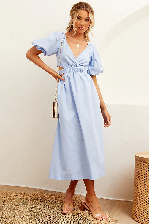 Deep V-Neck Puff Sleeve Side Waist Cutout A-Line Midi Dress