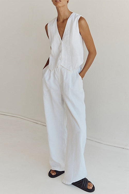 V Neck Button Down Blazer Vest and Wide Leg Pants Set