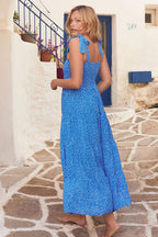Botanical Leaf Print Smocked Square Neck Tie Shoulder Tiered Maxi Dress