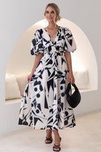 Abstract Geometric Print Deep V-Neck Puff Sleeve Cinched Waist Maxi Dress