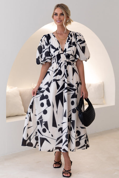 Abstract Geometric Print Deep V-Neck Puff Sleeve Cinched Waist Maxi Dress